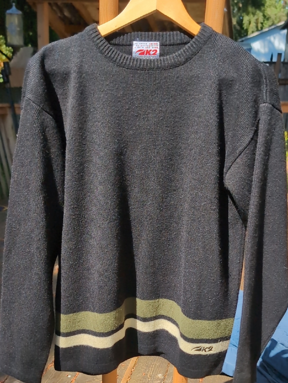 Vintage K2 Snowboards Black Crewneck Sweater with Olive & Cream Stripes